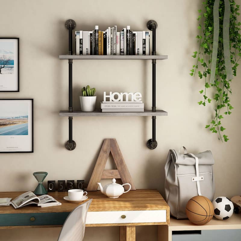 DH BASIC Industrial Vintage Grey 32-Inch Metal 2-Tier Wall Shelf by Denhour
