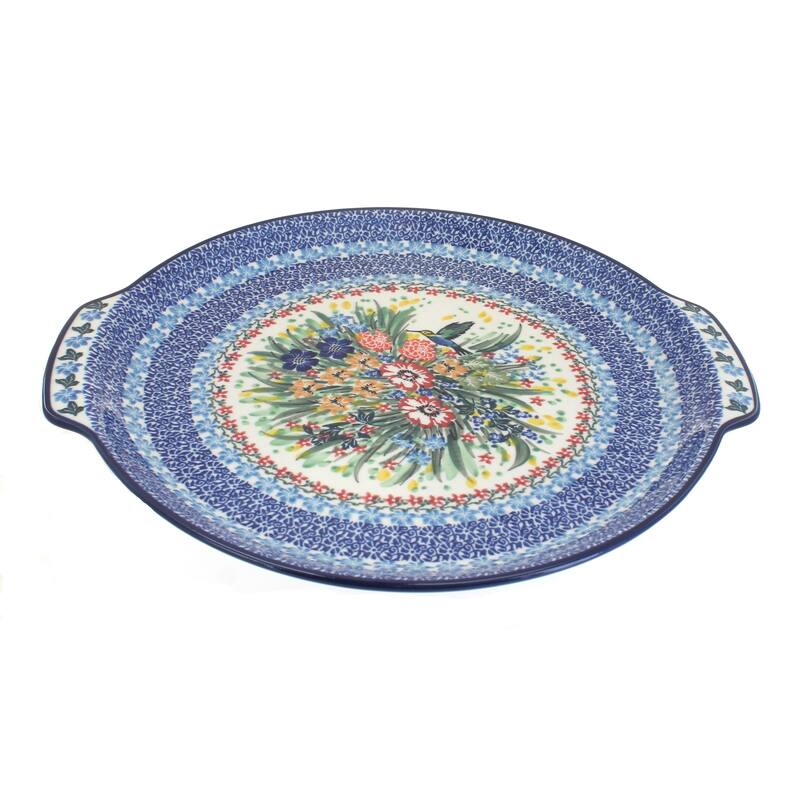 Blue Rose Polish Pottery 151 Ceramika Artystyczna Round Serving Tray with Handles - Hummingbird