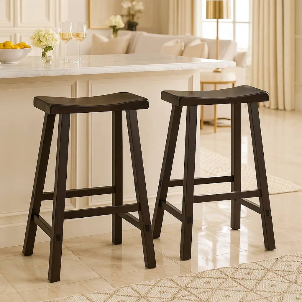 Wooden 29" Counter Height Stool with Saddle Seat, Black, Set Of 2