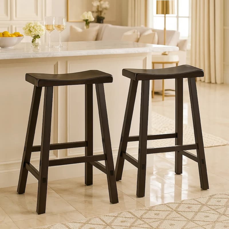 Wooden 29" Counter Height Stool with Saddle Seat, Black, Set Of 2