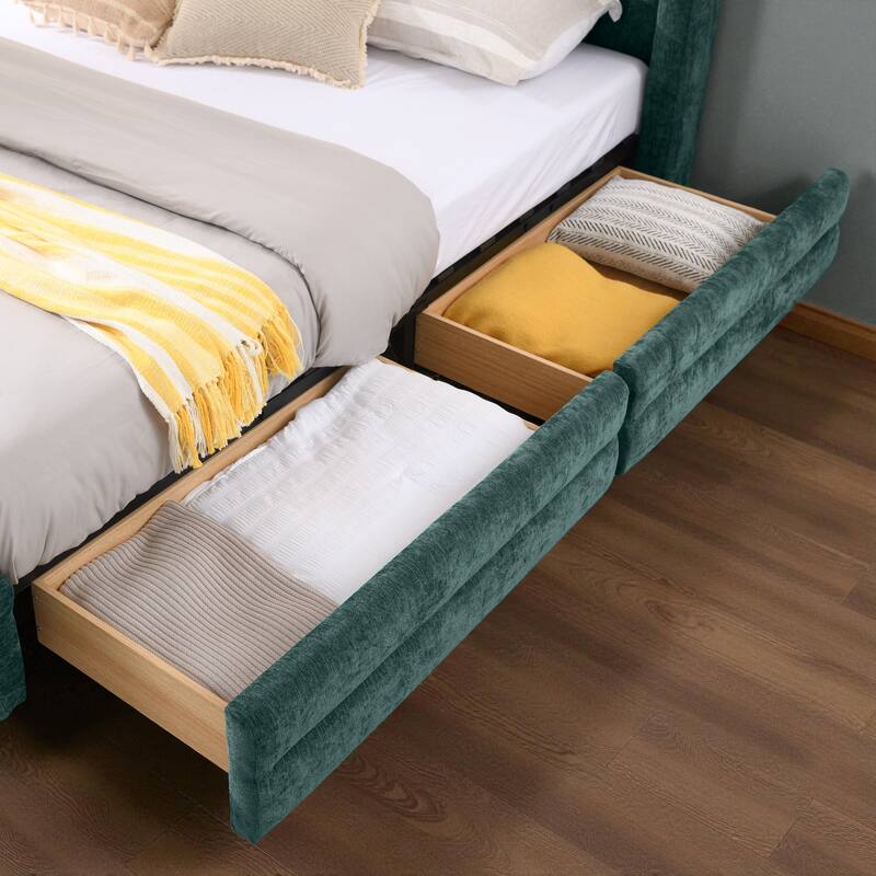 Queen Size Upholstered Bed Frame with Chenille Headboard and Underbed Storage Drawer, Solid Platform Design
