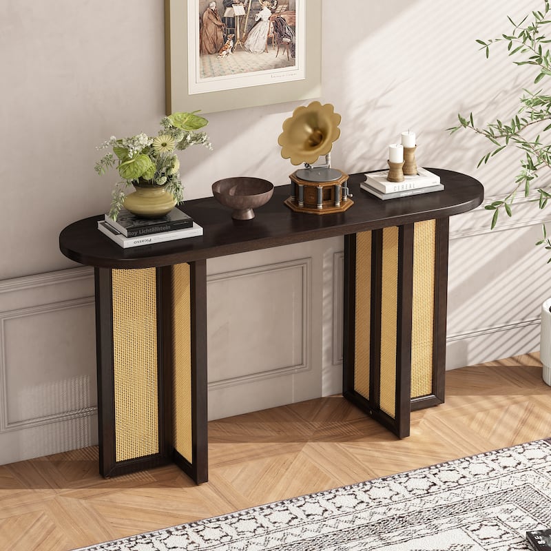 Boho Rattan Console Table, 47.8" Entryway Sofa Table with Oval Top, Narrow Hallway Table for Living Room, Entrance