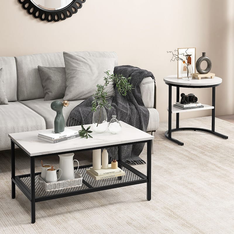 Gymax Nesting Coffee Table Set of 2 Faux Marble Top Detachable w/
