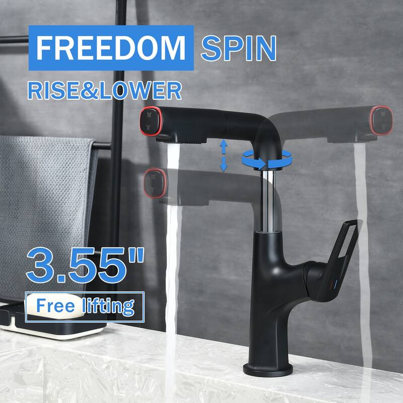 Anmytek Pull-Down Vessel Faucet - Single Hole, Lift Spout & Dual Spray, Matte Black