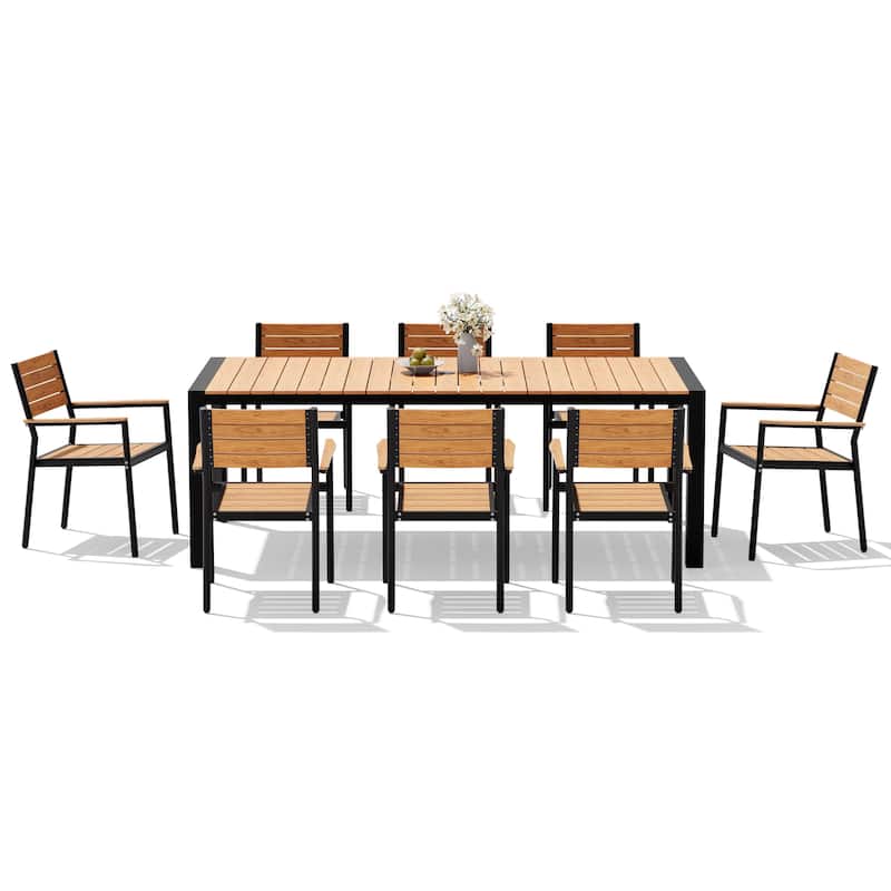 9-Piece Set Outdoor Aluminum Dining Table with Umbrella Hole and Stackable Dining Chairs