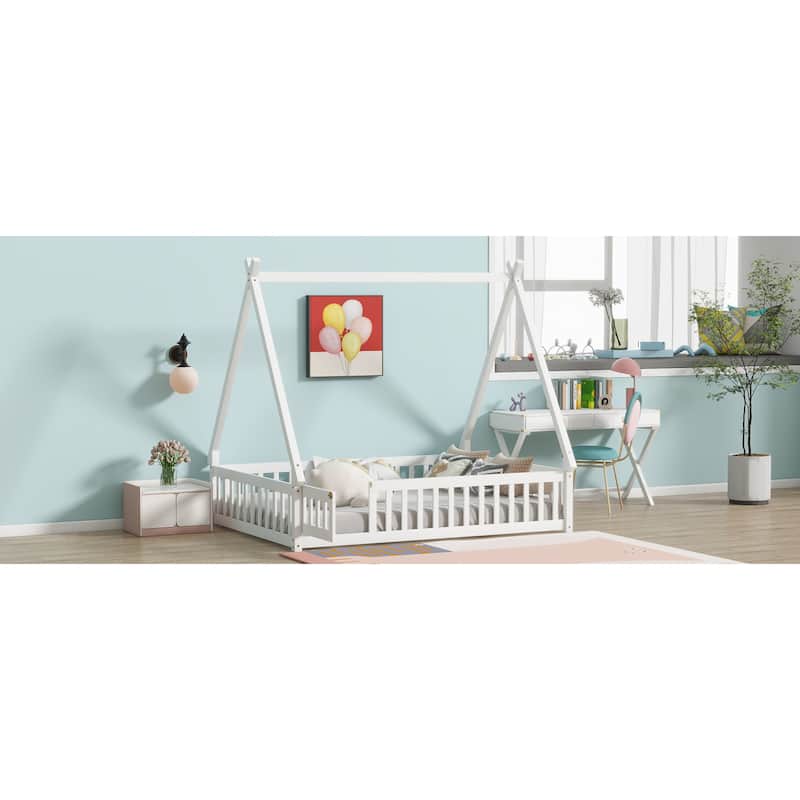 Roomfitters Twin/Full Tent-Shaped Floor Bed with Teepee Frame, Rubber Wood Platform with Guardrails, Slats and Door