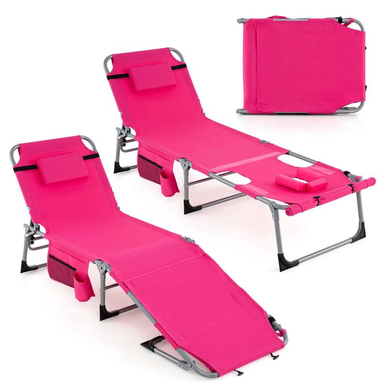 2 PCS Folding Tanning Chair Sunbathing Lounge Chair w/ Face Arm Hole - Dark Pink