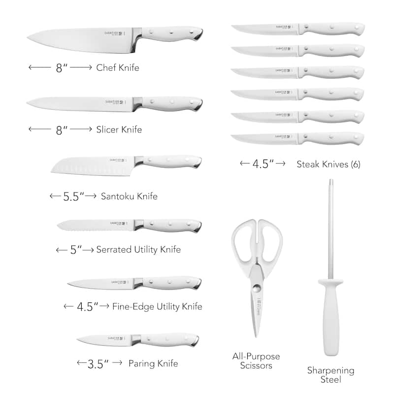 Sabatier 15 Piece White Forged Triple Rivet Cutlery Set with Acacia Block - N/A