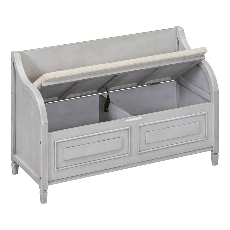 Rustic Style Solid Wood Entryway Storage Bench with Safety Hinge and Cushion