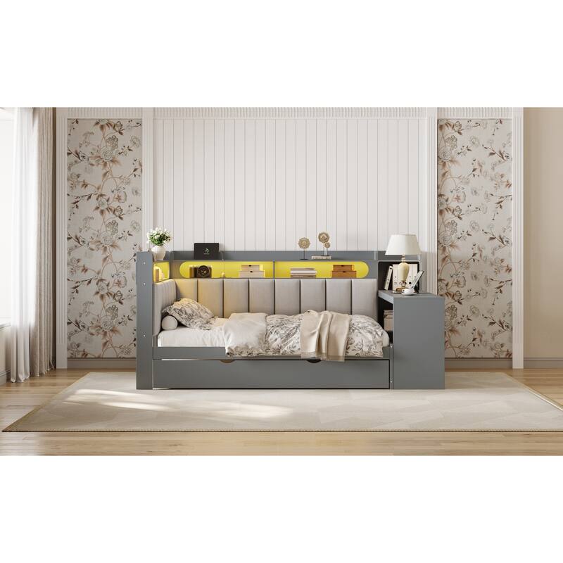 Roomfitters Full Daybed with Trundle, Charging Station and Upholstered Headboard