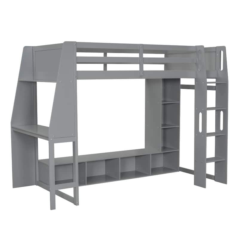 Multi-Functional Gaming Loft Bed with Built-in Desk & Storage Cabinets, Wood Bed Frame with LED and a Hanging Clothes Rack