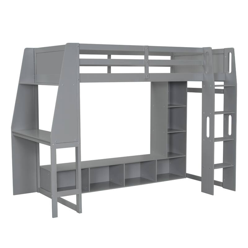 Teens Wood Gaming Loft Bed with Multi-Storage Shelves & Under-Bed Desk, Bedroom Bed Frame with LED & a Hanging Clothes Rack