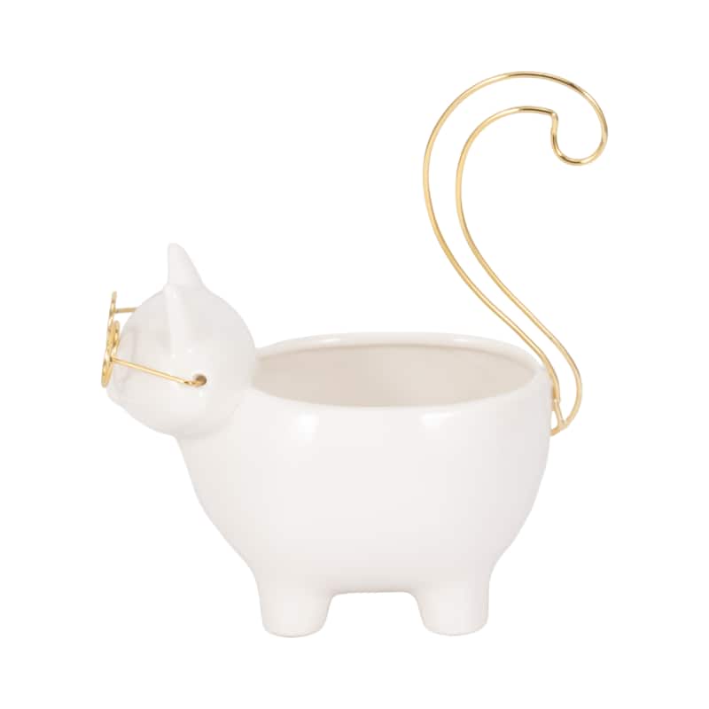 Sagebrook House Kitty Trinket Tray, White and Gold Ceramic Jewelry Holder/Organizer for Bathroom, Nightstand, Decor