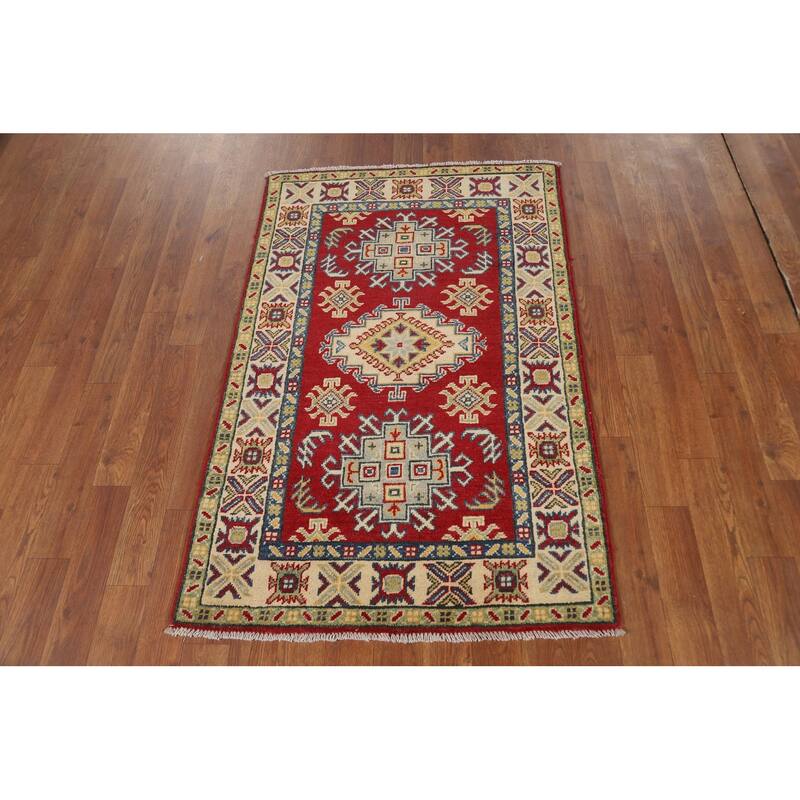 Kazak Accent Rug Hand-Knotted Geometric Red Wool Carpet - 2'7"x 4'0"