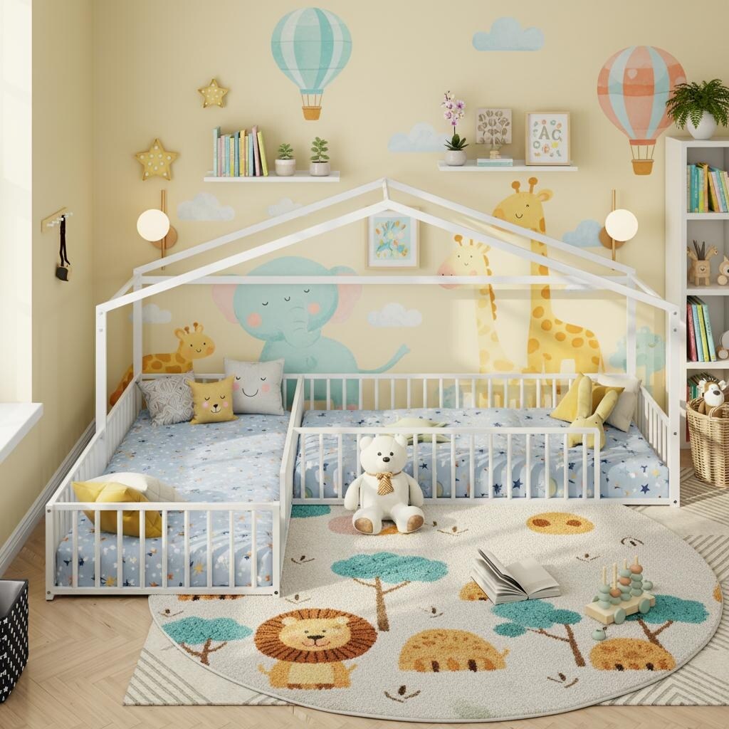 Double Twin Size L-Shaped Montessori Metal House Bed by
