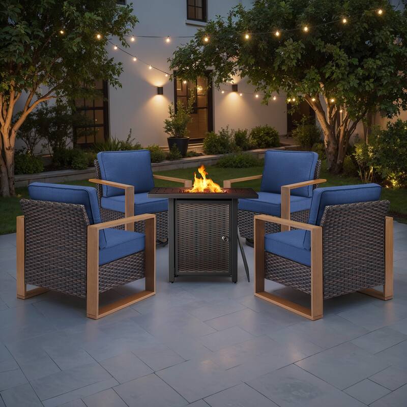 Meyreso 5-Piece Wicker Patio Conversation Set with Metal Fire Pit & Plush 4.5" Olefin Cushions - Brown Wicker - Navy Blue Cushions
