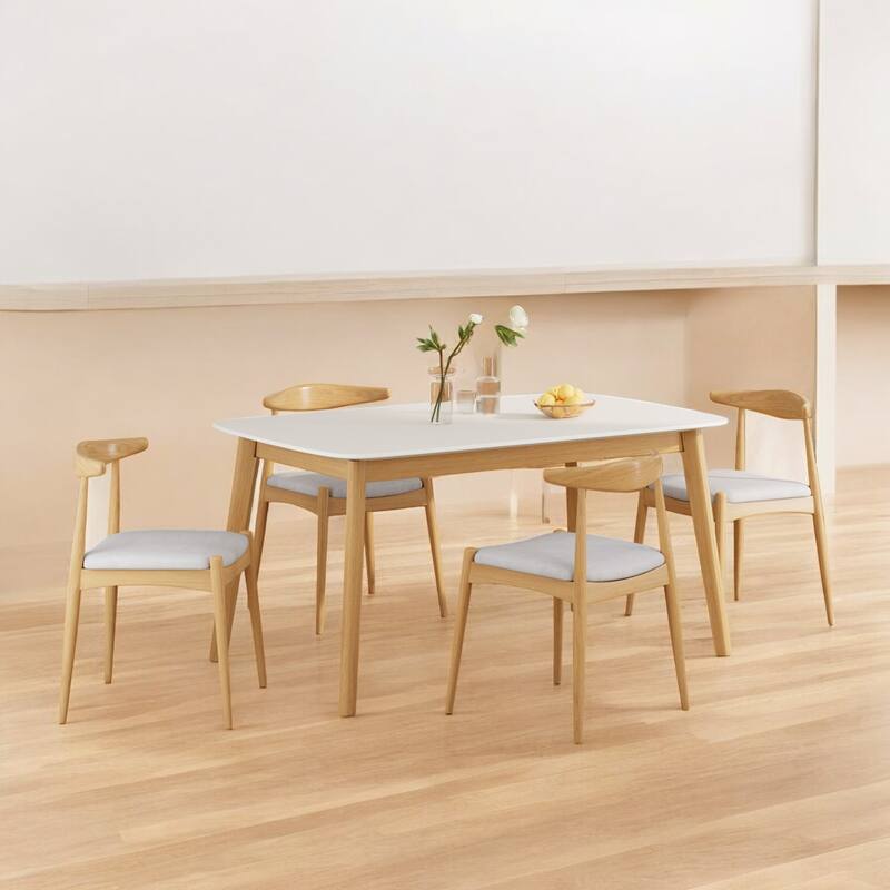 5-Piece Mid-Century Modern Dining Set with Solid Rubberwood Frame Table & Upholstered Chairs for Dining Room and Kitchen - White Oak+Beige