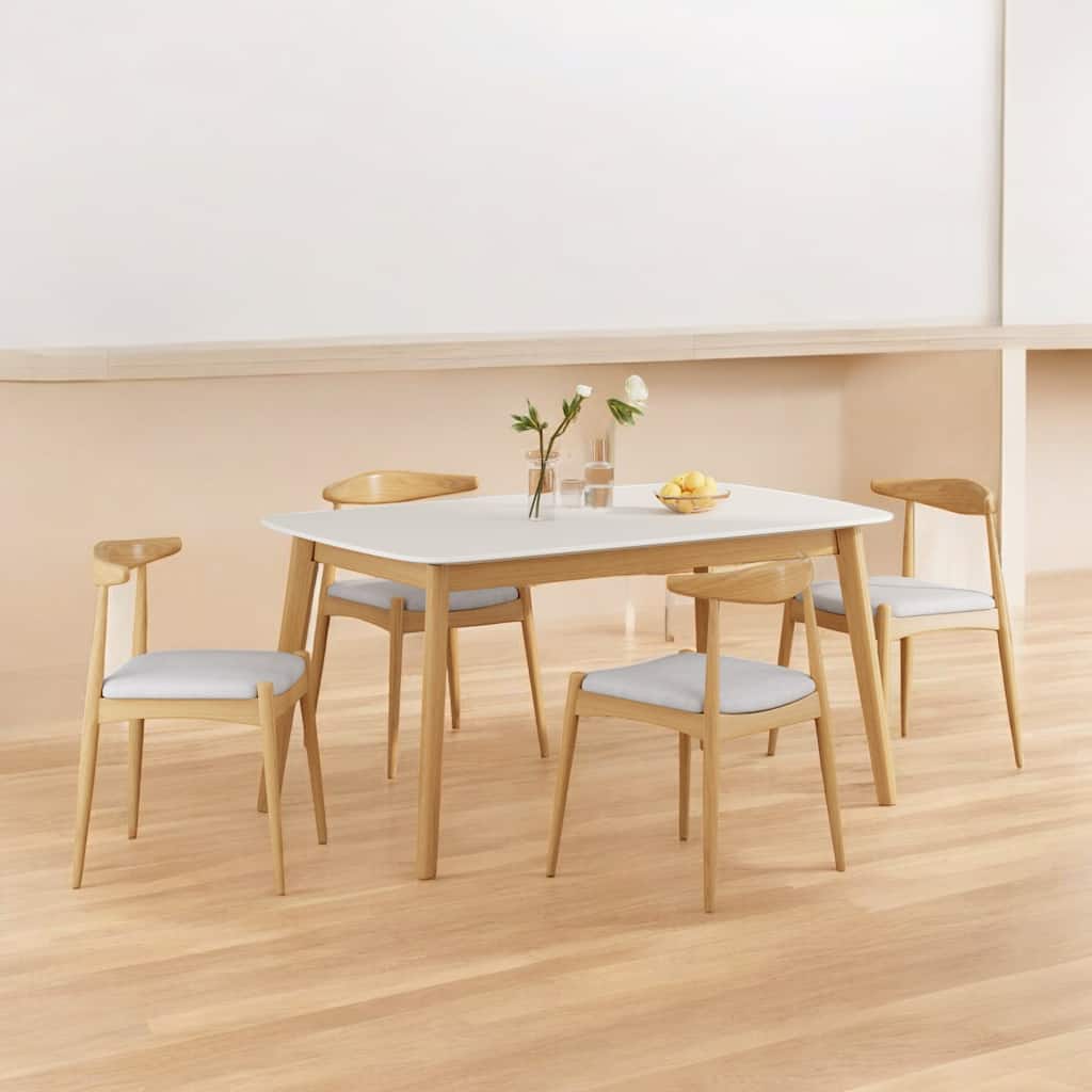 5-Piece Mid-Century Modern Dining Set with Solid Rubberwood Frame Table & Upholstered Chairs for Dining Room and Kitchen