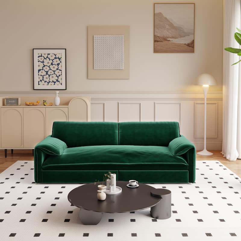 66" Queen Velvet Pull Out Sofa Bed w/ Side Storage Multi-Functional Loveseat Bed for Living Room Office - Green