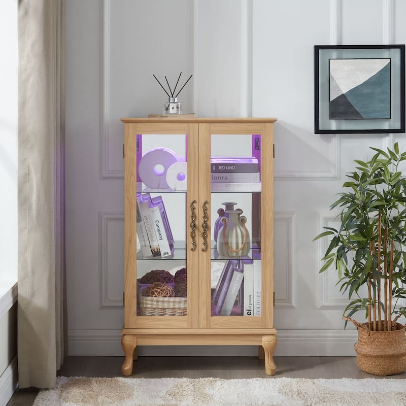 Elegant Light Oak Curio Cabinet with Tempered Glass Doors, LED Light, Mirrored Back Panel & Adjustable Shelves