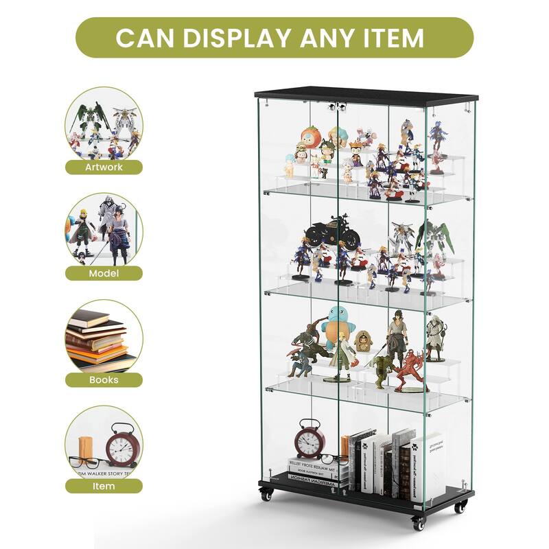 4 Tier Glass Display Cabinet, Double Door Glass Cabinet with Two Locks, Floor Standing Storage Cabinet with 6 Acrylic Shelves