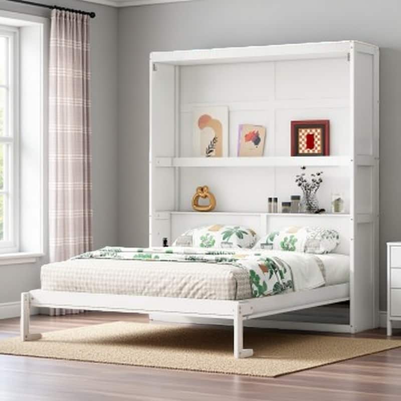 Queen Size Space-Saving Murphy Wall Bed with Dual-Layer Storage Cabinet and Flexible Slat Support