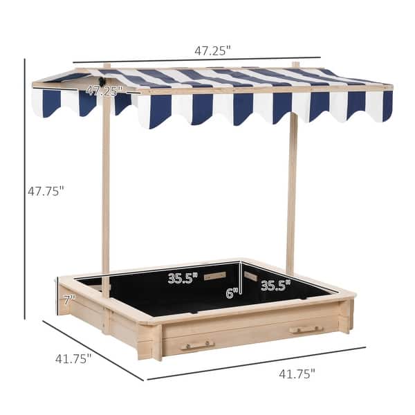 dimension image slide 1 of 2, Wooden Kids Sandbox with Cover, Children Outdoor Sand Box with Foldable Bench Seats, Adjustable Canopy, Bottom Liner