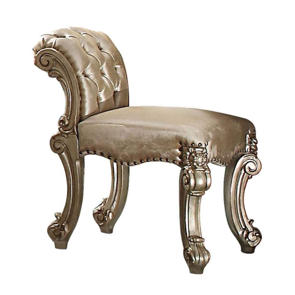 Fabric Upholstered Wooden Vanity Stool with Tufted Back, Gold &White