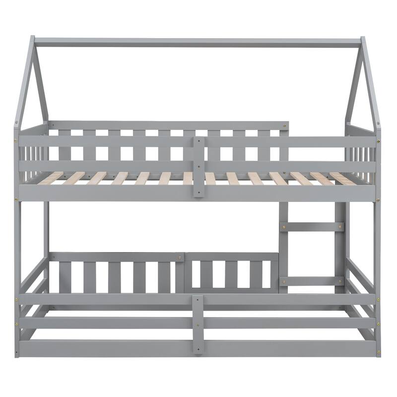 Twin Pine House Bunk Bed with Fence, Guardrail, and Door