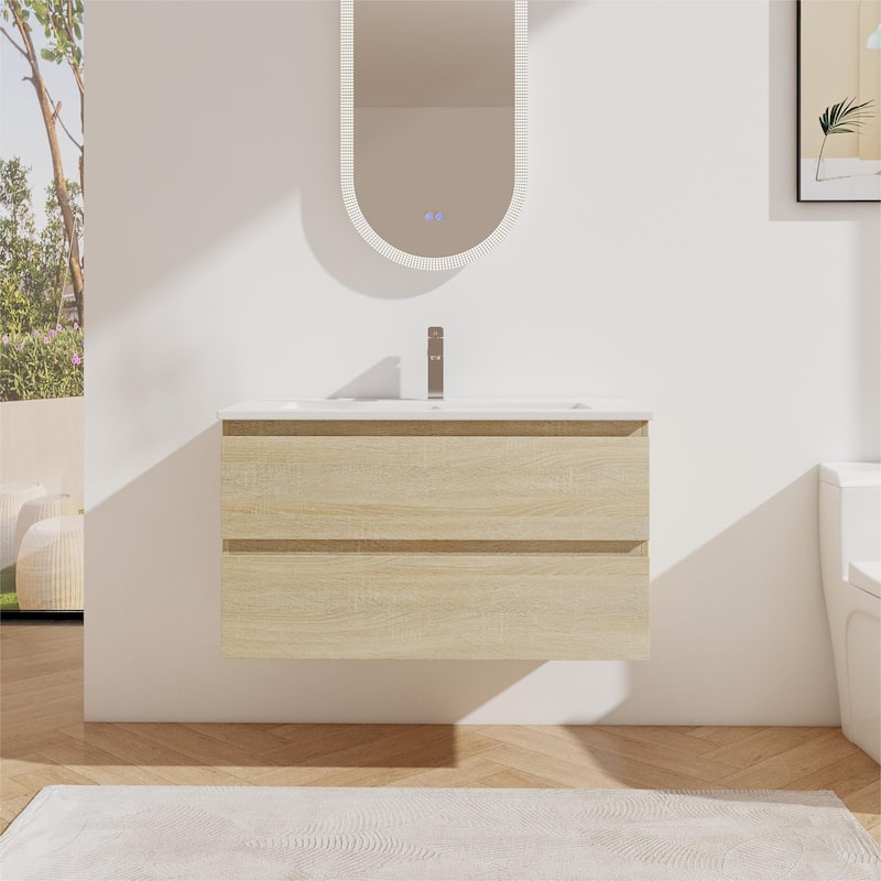 Bathroom Vanity With Sink In 24/30/36 Inch, Floating Bathroom Vanity With Soft Close Drawer - Light Oak - 35.9''W×18.3''D×20.5''H