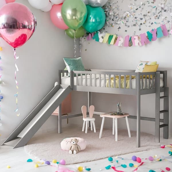 slide 2 of 12, Twin Size Low Loft Bed with Ladder and Removable Slide, Space-Saving Design Grey