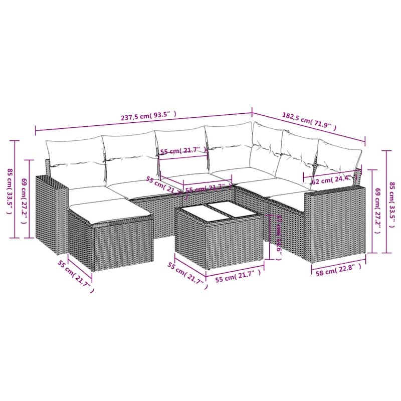 vidaXL Patio Sofa Set with Cushions Outdoor Conversation Furniture Poly Rattan - 25.8" x 24.4" x 27.2"
