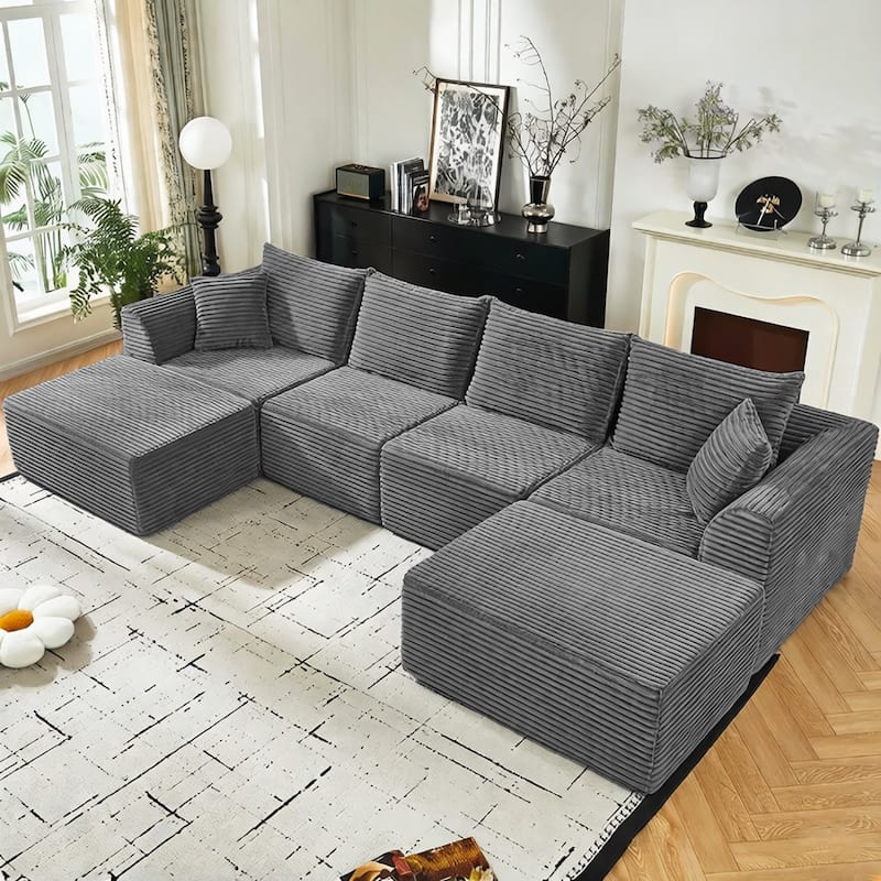 130" U-Shaped Corduroy Sectional Sofa with 2 Ottomans, No Assembly Required - Grey