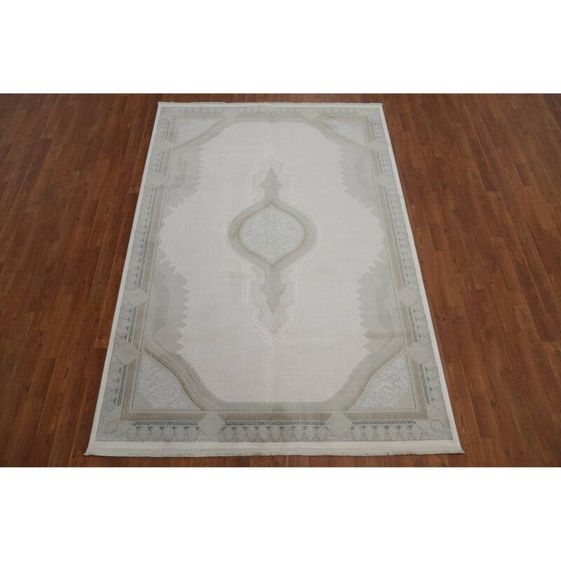 Machine Made Oriental Polyester Carpet Traditional Medallion Beige & Ivories Tabriz Area Rug - 7' 5'' X 5' 2''