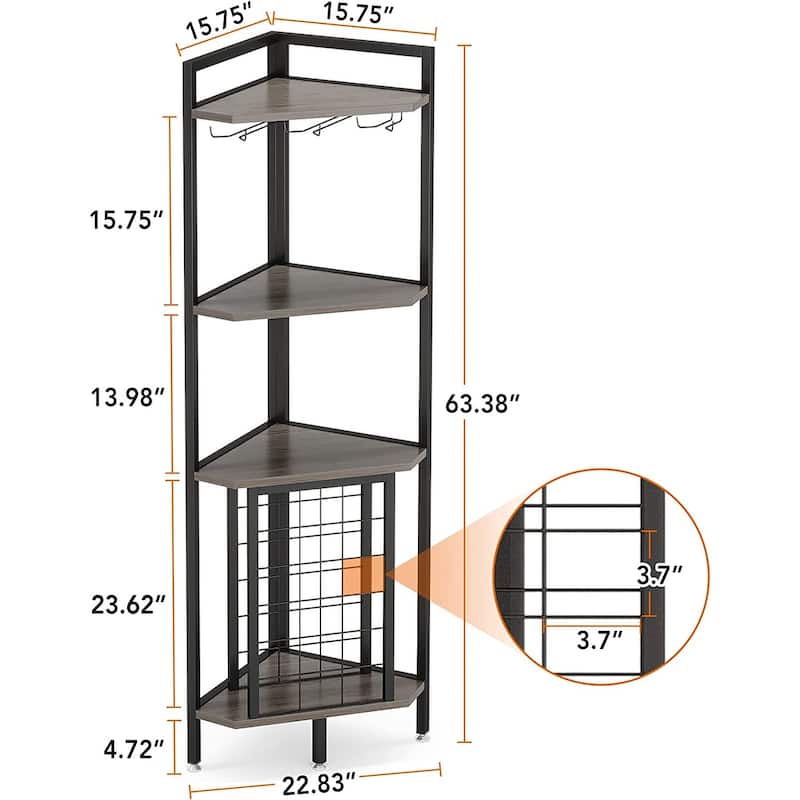 Industrial 4 Tier Corner Wine Rack with Glass Holder Corner Bar