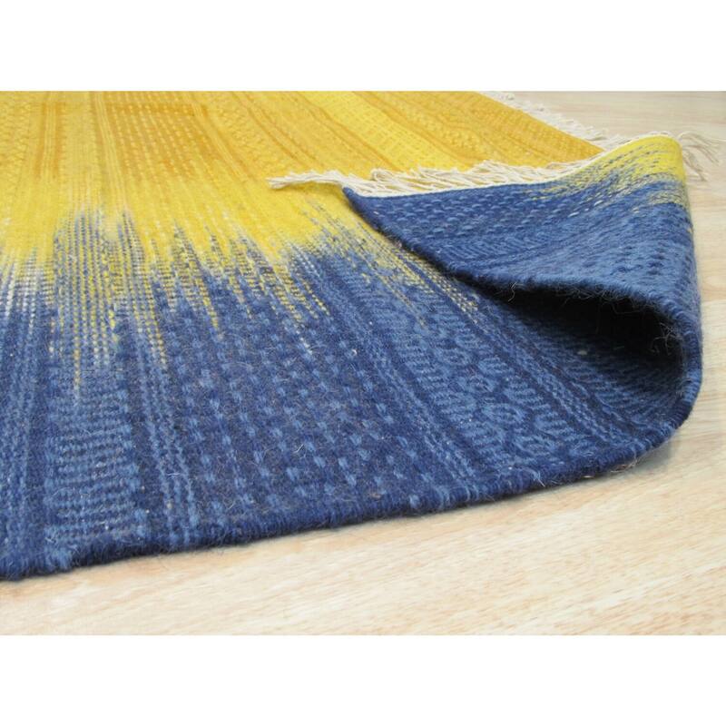 Yellow and Blue Ombre Handmade Wool Transitional Flatweave Rug, 8' x 10', Elegant Accent - L