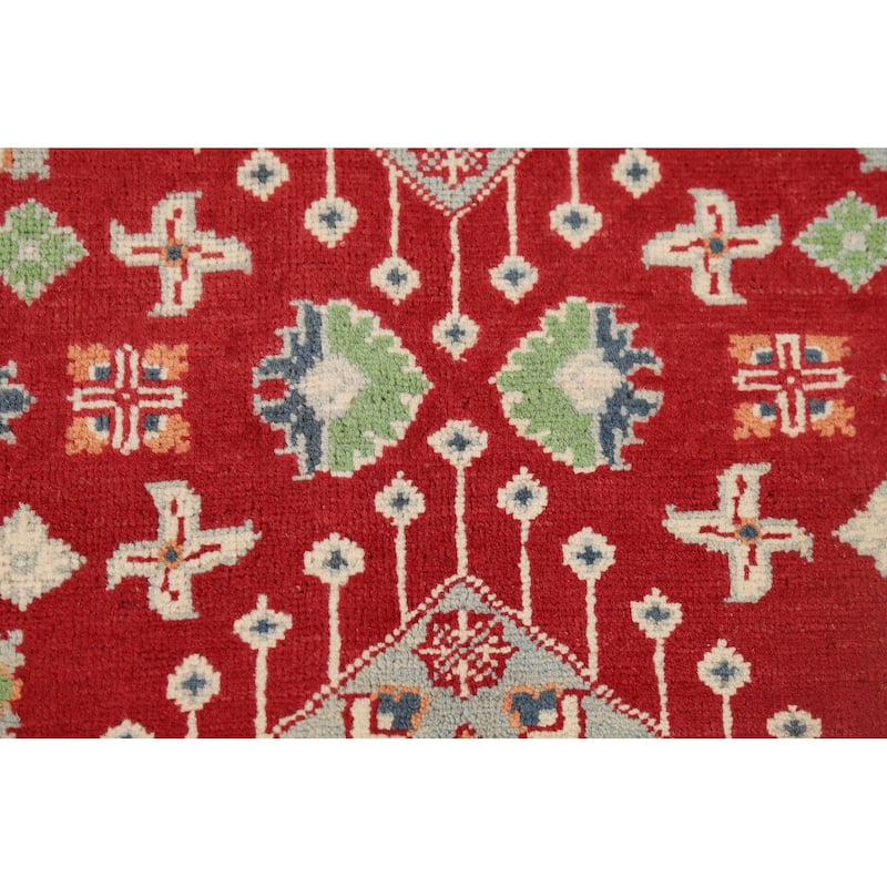 Red Geometric Kazak Accent Rug Hand-Knotted Traditional Wool Carpet - 3'4" x 4'10"