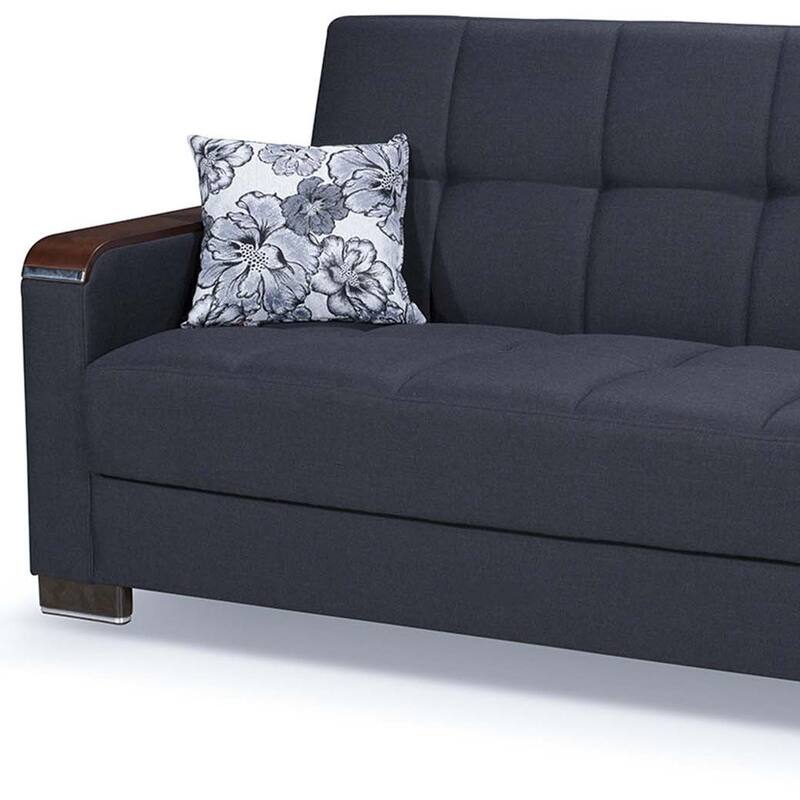 HomeRoots 87" Dark Blue Chenille Convertible Futon Sleeper Sofa And Toss Pillows With Storage