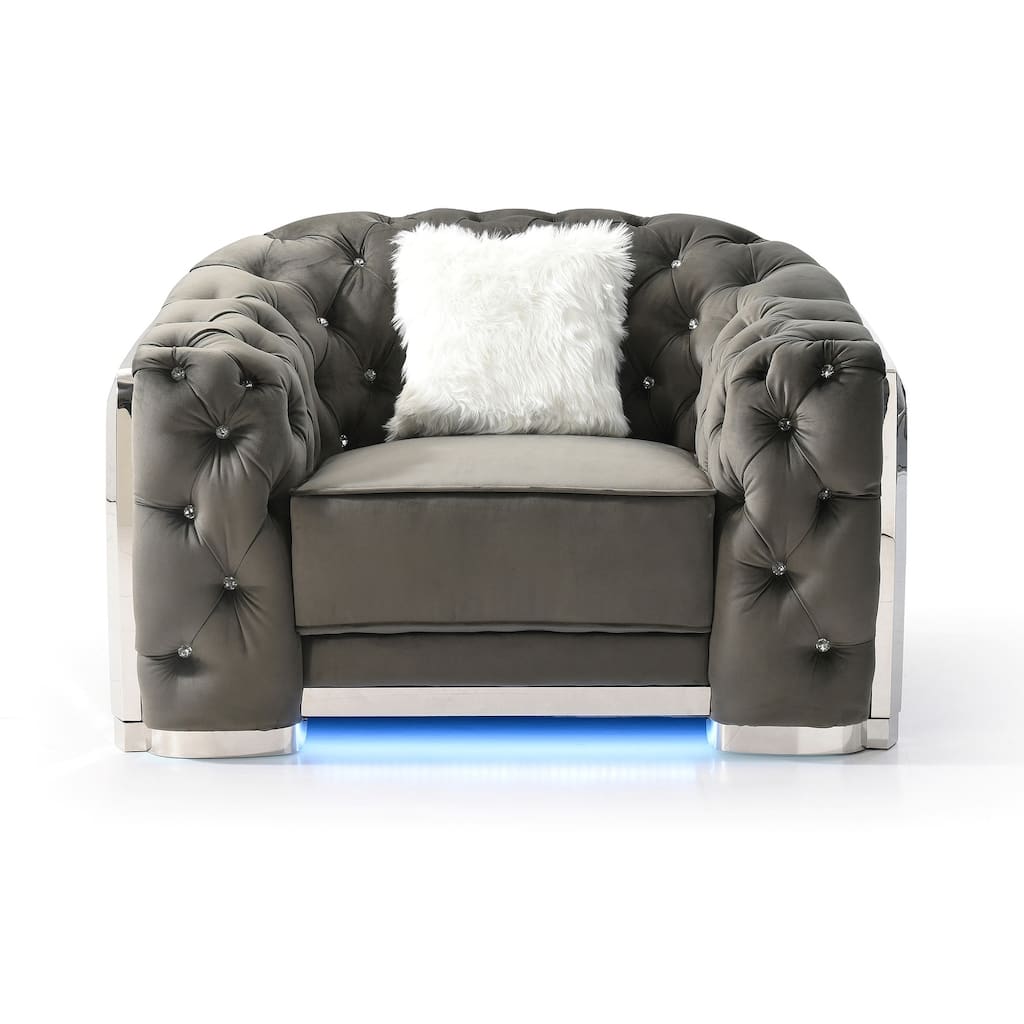 Diamond Quilted Tufted Jeweled Accent Chair with LED Light - 52" - Gray