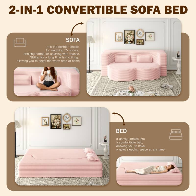 Convertible Floor Sofa with Corduroy Fabric, Twin Mattress & No Assembly