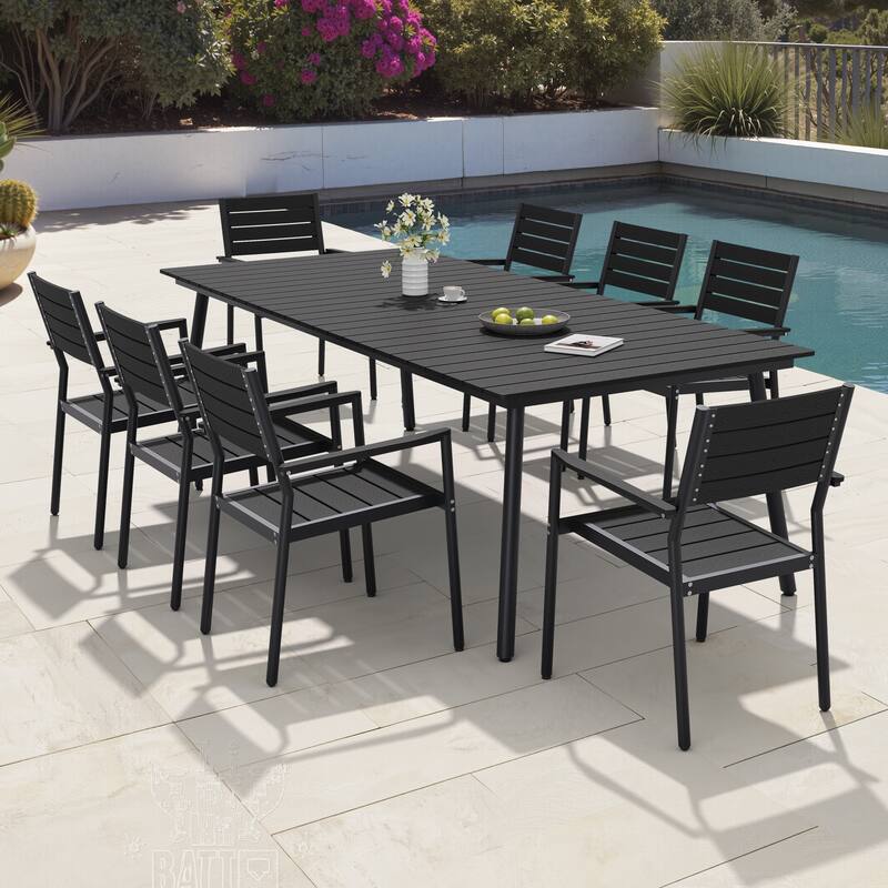 9-Piece Outdoor Patio Dining Set Wood-Like Table Top Alumium Umbrella Hole Table with Stackable Armrest Dining Chairs - Black