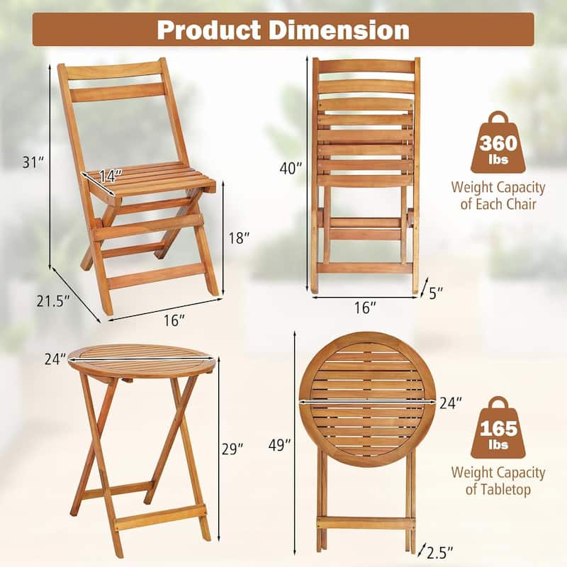 3 PCS Folding Patio Bistro Set Wood Chair Table Set Outdoor Dining Set