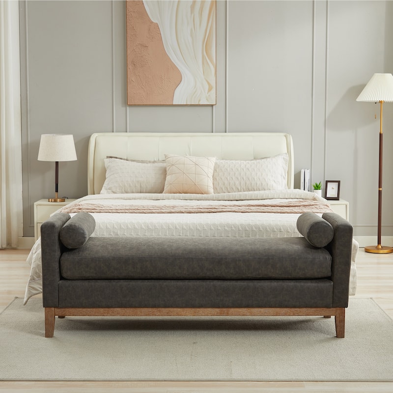 Bedroom Bench with Pillows and Solid Wood Legs for Living Rooms and Entryway