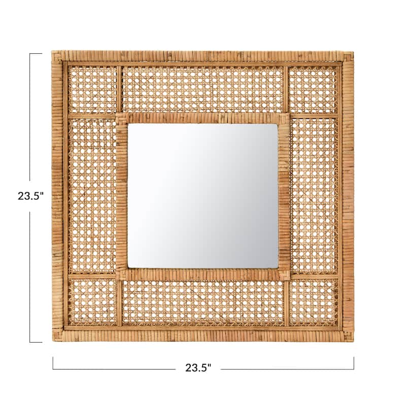 23.5" Square Modern Wood and Rattan Wall Mirror - Brown