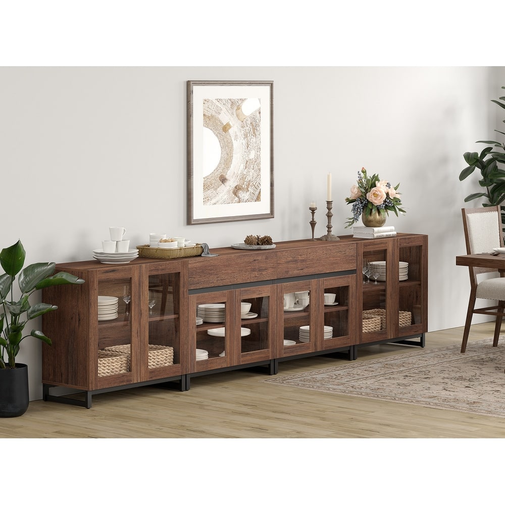 4 in 1 Sideboard with 2 Glass Doors & Drawers, Adjustable Shelf, Metal Base for Living Room, Kitchen