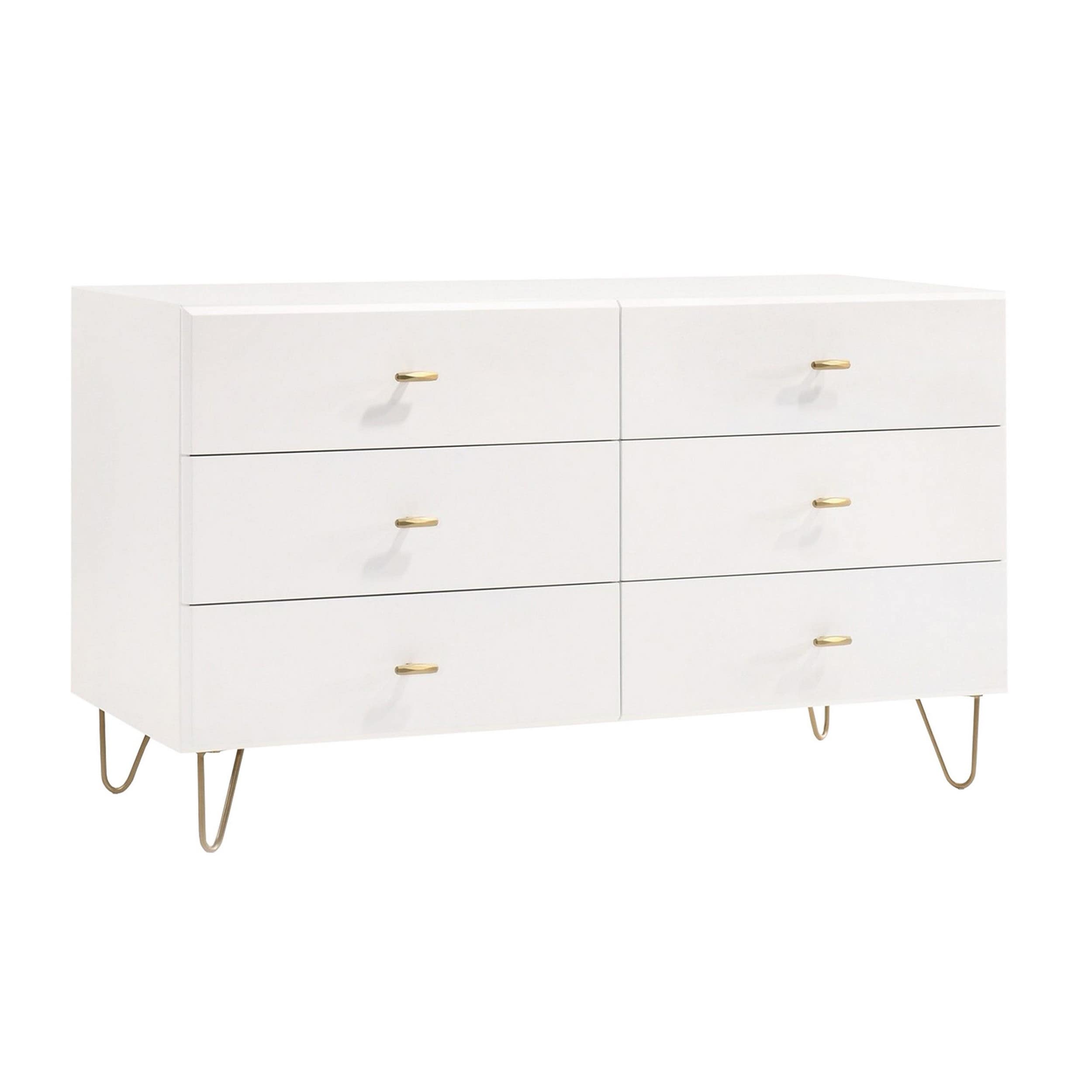 Cid Sue 51 Inch Wood Dresser, 6 Gliding Drawers, Gold Metal Legs, White