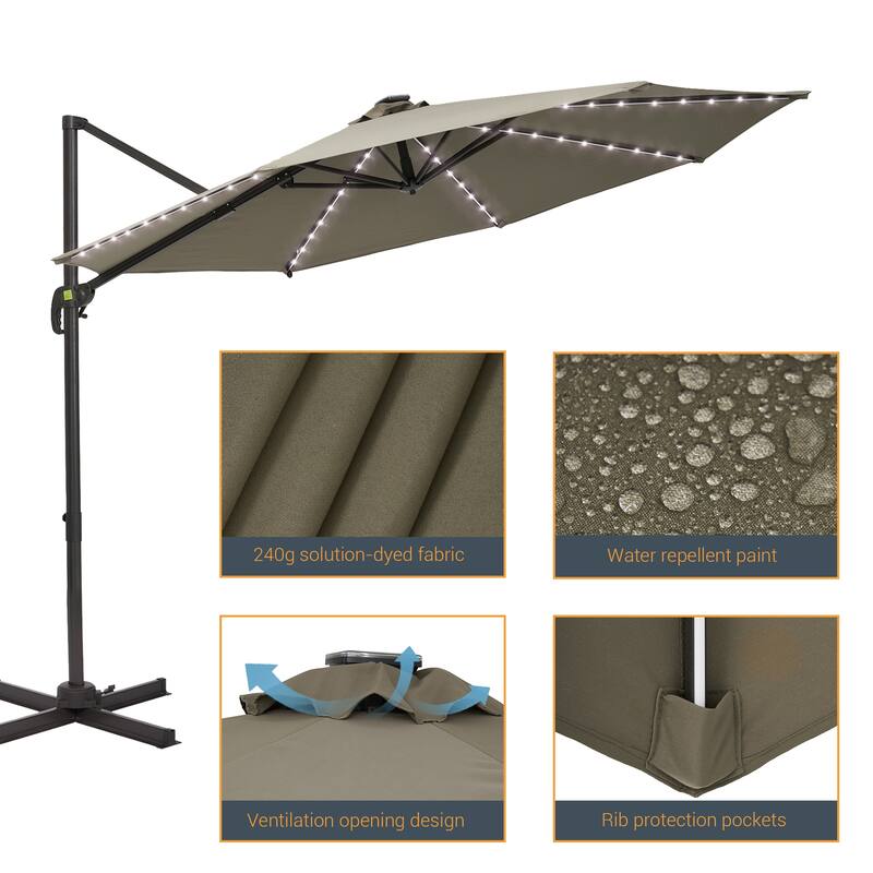 BONOSUKI 10Ft LED Patio Cantilever Offset Umbrella With Cross Base