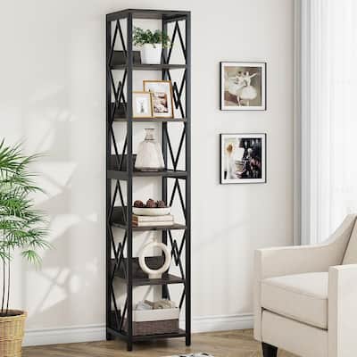 75 Inches Tall Narrow Bookcase with Heavy Duty Metal Frame