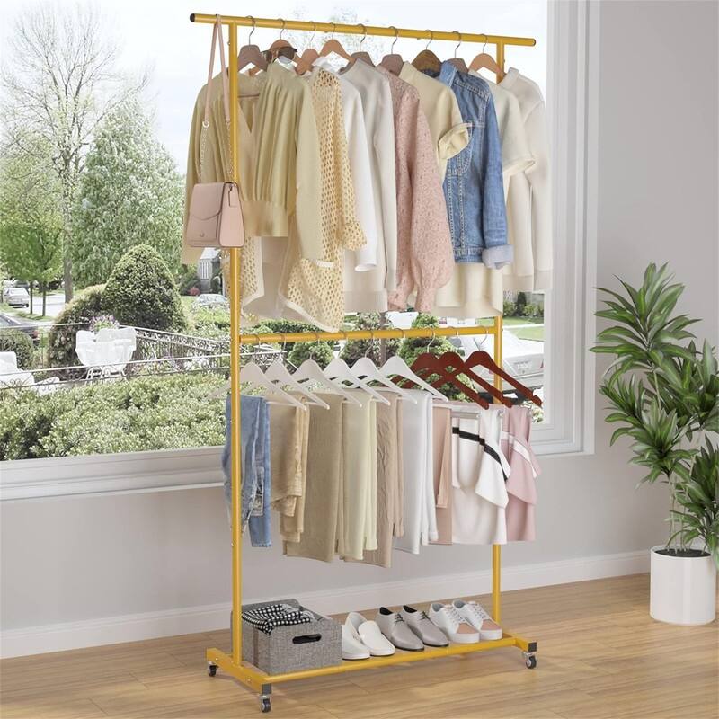 Double Rod Clothing Garment Rack - 47.24"D x 16.73"W x 78.74"H - Gold
