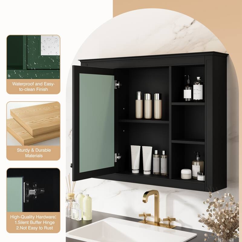 Roomfitters 35"x27.5" Medicine Cabinet, Wall Mounted Mirror Cabinet with 6 Open Shelves, Bathroom Storage Organizer, Black